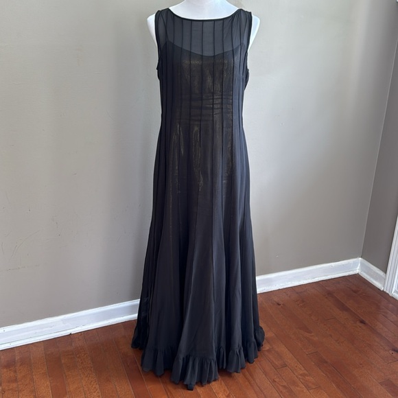 Rickie Freeman Tori Jon 100% Silk Gray Dress with Gold Metallic Silk Linen Sz 10 - Picture 3 of 12